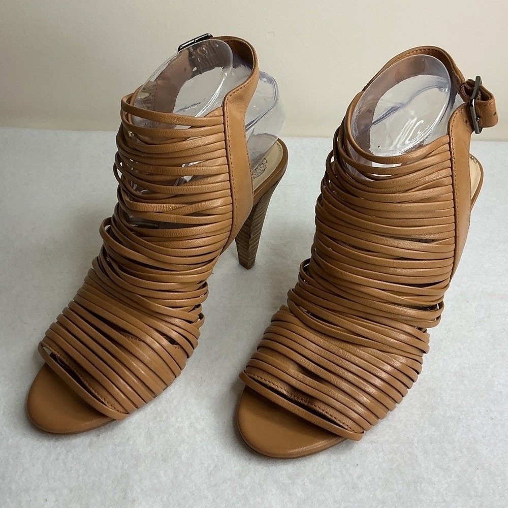 Vince Camuto Women Tan Strappy Cage Open Toe Heel Sandals Size 8